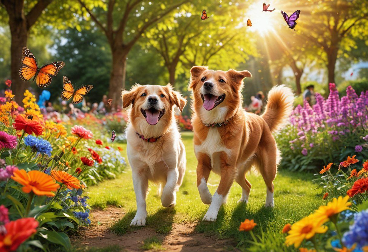 A joyful scene of a person playing with a lively dog in a sunlit park, surrounded by colorful flowers and cheerful butterflies. The person is smiling widely, embodying happiness and connection with their pet. In the background, a group of pets play together, showcasing a vibrant community of animals and their owners, hinting at elated experiences. The scene captures a sense of warmth, love, and positivity. bright colors. super-realistic.