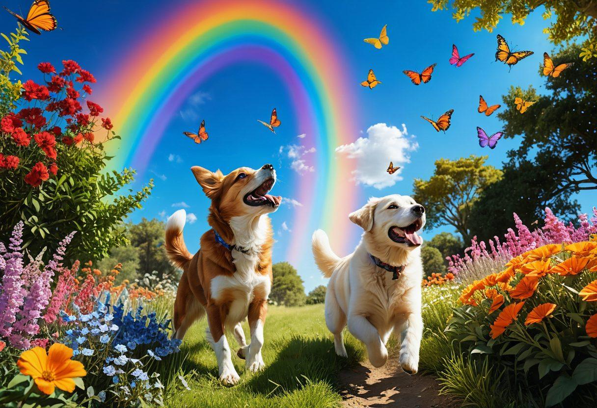A heartwarming scene of a person playing joyfully with a dog in a sunlit park, surrounded by colorful flowers and butterflies. The dog's tail is wagging energetically, and the person's laughter is depicted through vibrant expressions. Include a rainbow in the sky to symbolize happiness and togetherness. super-realistic. vibrant colors. 3D.