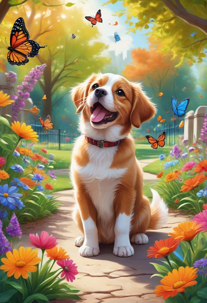 A whimsical illustration depicting a playful puppy and a curious kitten sharing a joyful moment in a vibrant park, surrounded by colorful flowers and butterflies. The scene should evoke warmth and happiness, highlighting the bond between pets and their new owners. Include elements of pet care like a toy and a food bowl nearby. bright colors. cartoonish style.